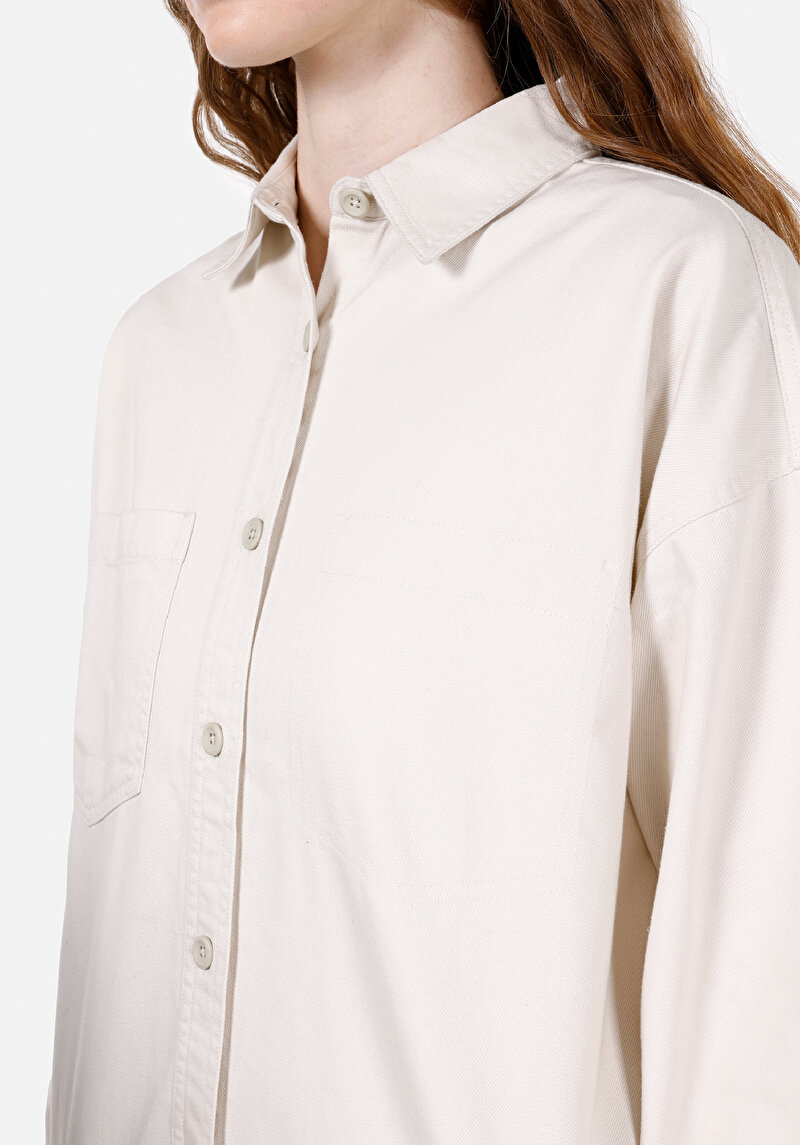 Regular Fit Shirt Neck Düz Kadın Ekru Uzun Kol Gömlek