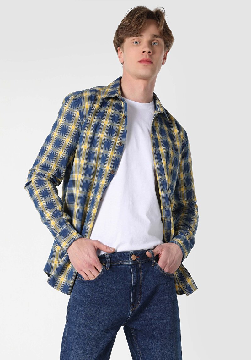 Slim Fit Shirt Neck Ekoseli Erkek Mavi Uzun Kol Gömlek