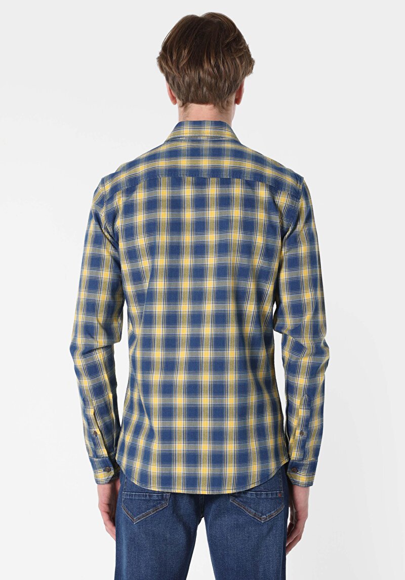 Slim Fit Shirt Neck Ekoseli Erkek Mavi Uzun Kol Gömlek