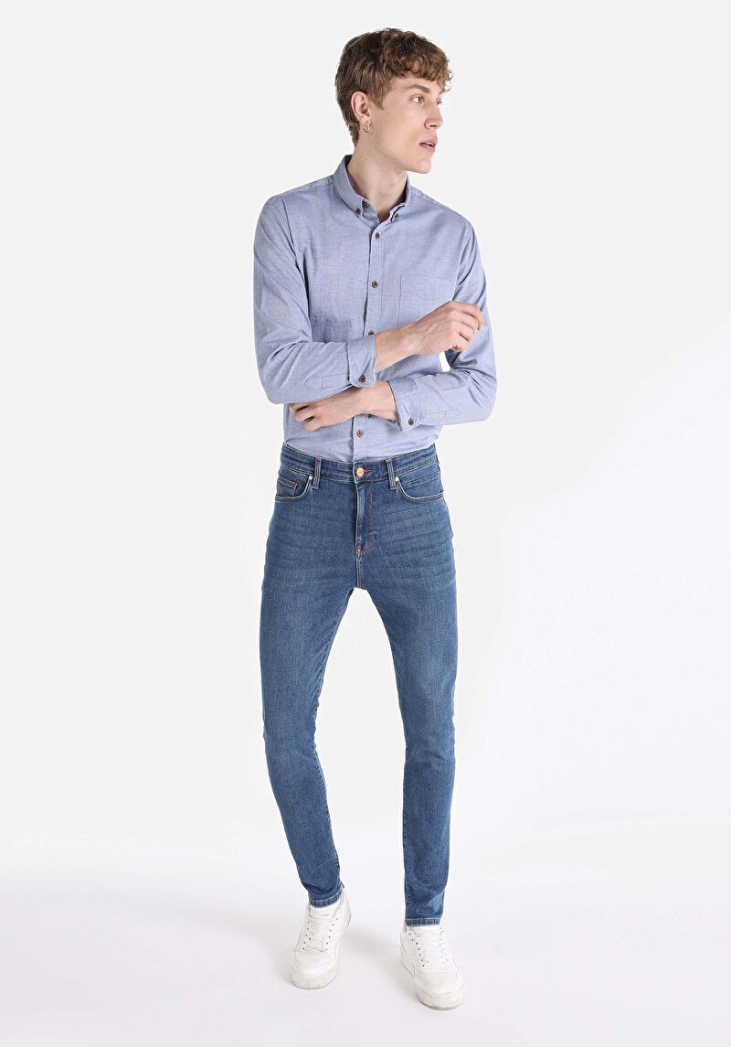 Skinny Fit Yüksek Bel Dar Paça Erkek Koyu İndigo Jean Pantolon