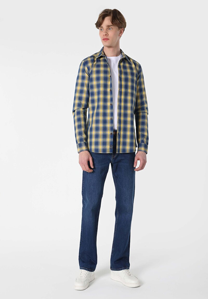 Slim Fit Shirt Neck Ekoseli Erkek Mavi Uzun Kol Gömlek