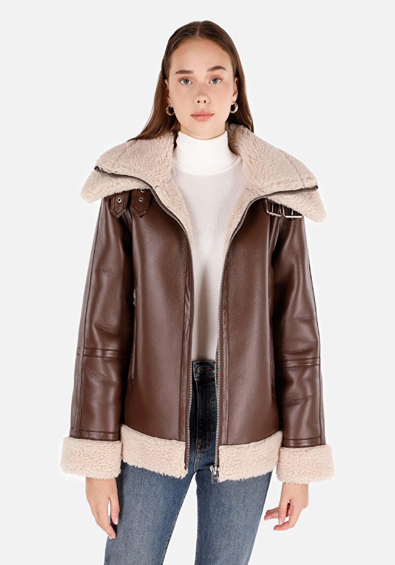 Regular Fit Fermuarlı Kadın Kahverengi Mont Pu