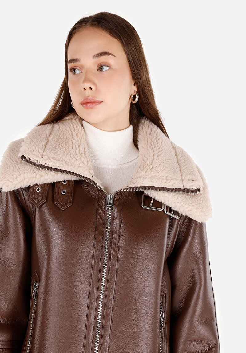 Regular Fit Fermuarlı Kadın Kahverengi Mont Pu