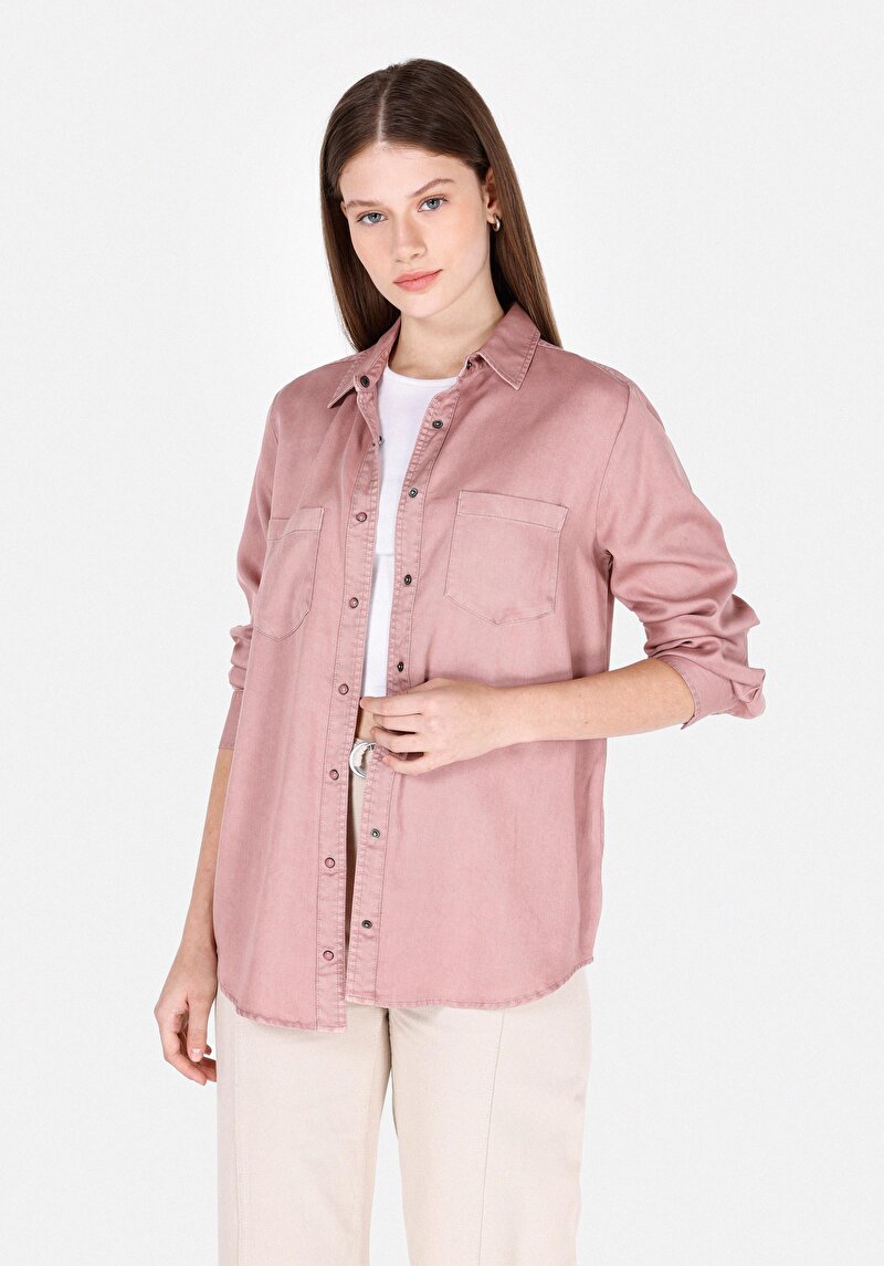 Regular Fit Shirt Neck Düz Kadın Pembe Uzun Kol Gömlek