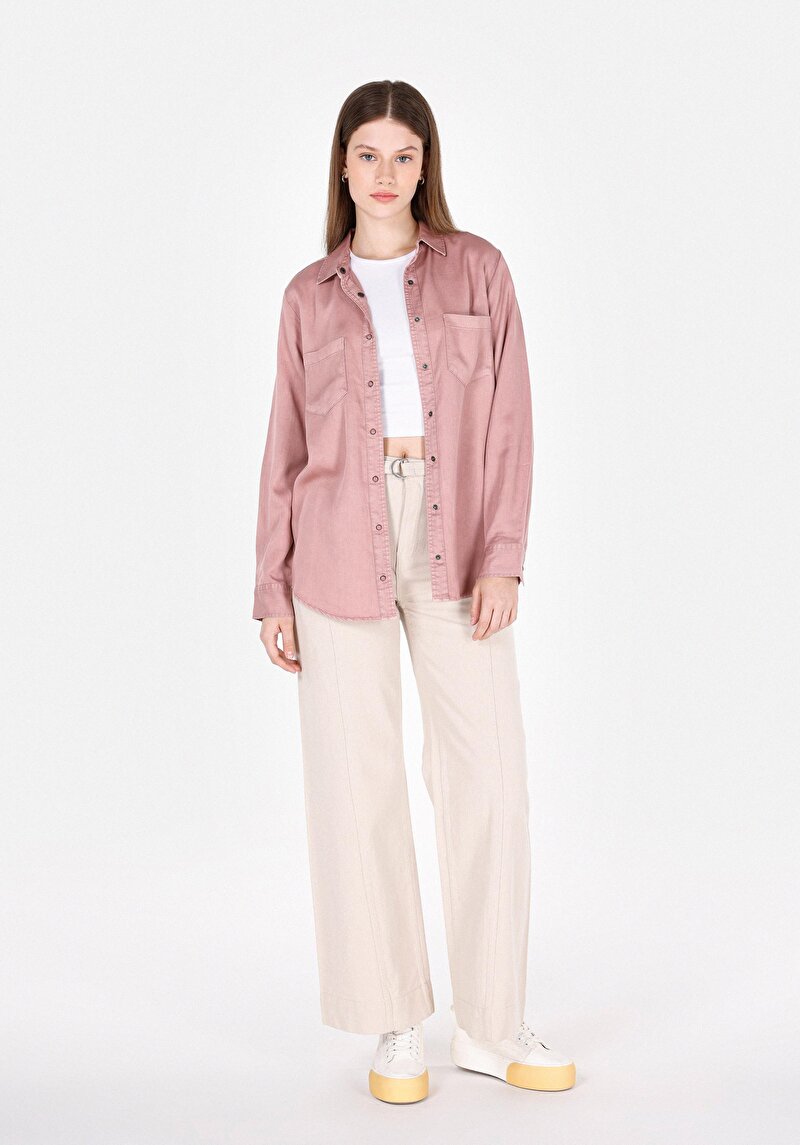 Regular Fit Shirt Neck Düz Kadın Pembe Uzun Kol Gömlek