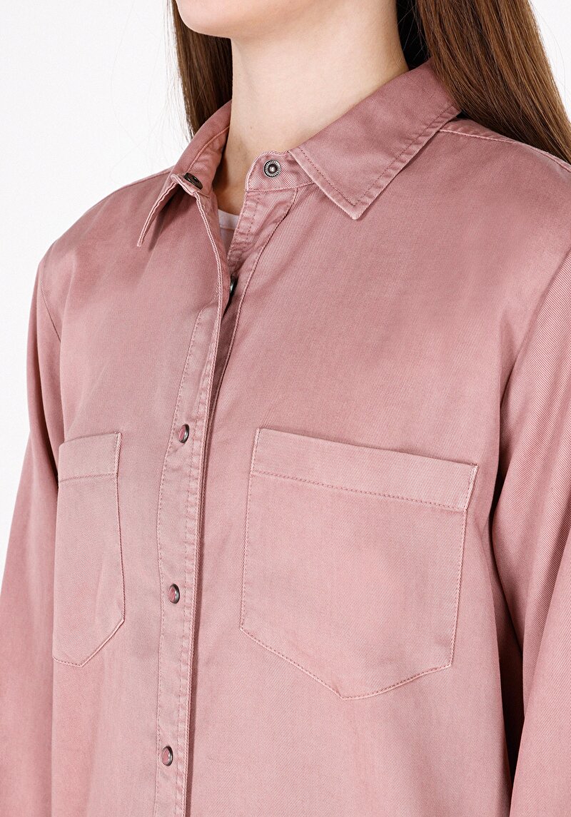 Regular Fit Shirt Neck Düz Kadın Pembe Uzun Kol Gömlek