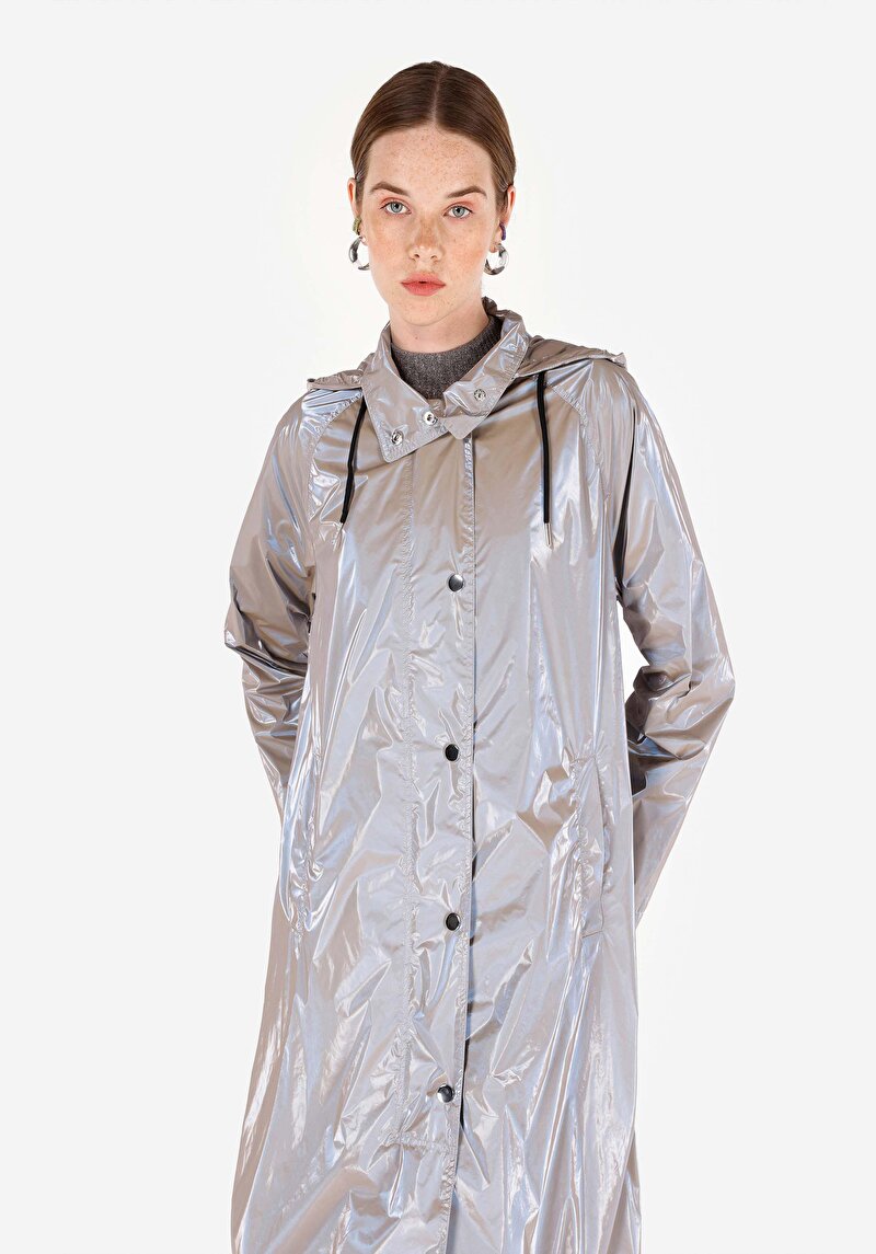 Regular Fit Kapüşonlu    Kadın Gri Mont