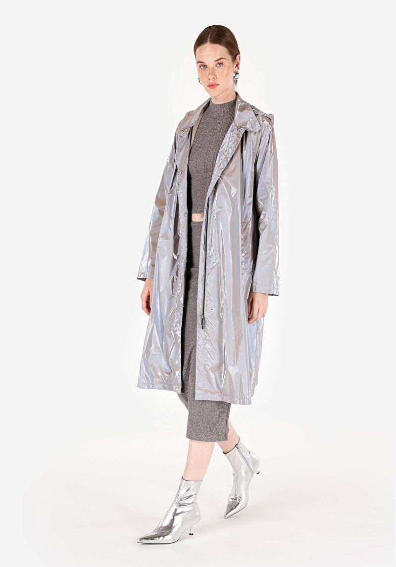 Regular Fit Kapüşonlu    Kadın Gri Mont