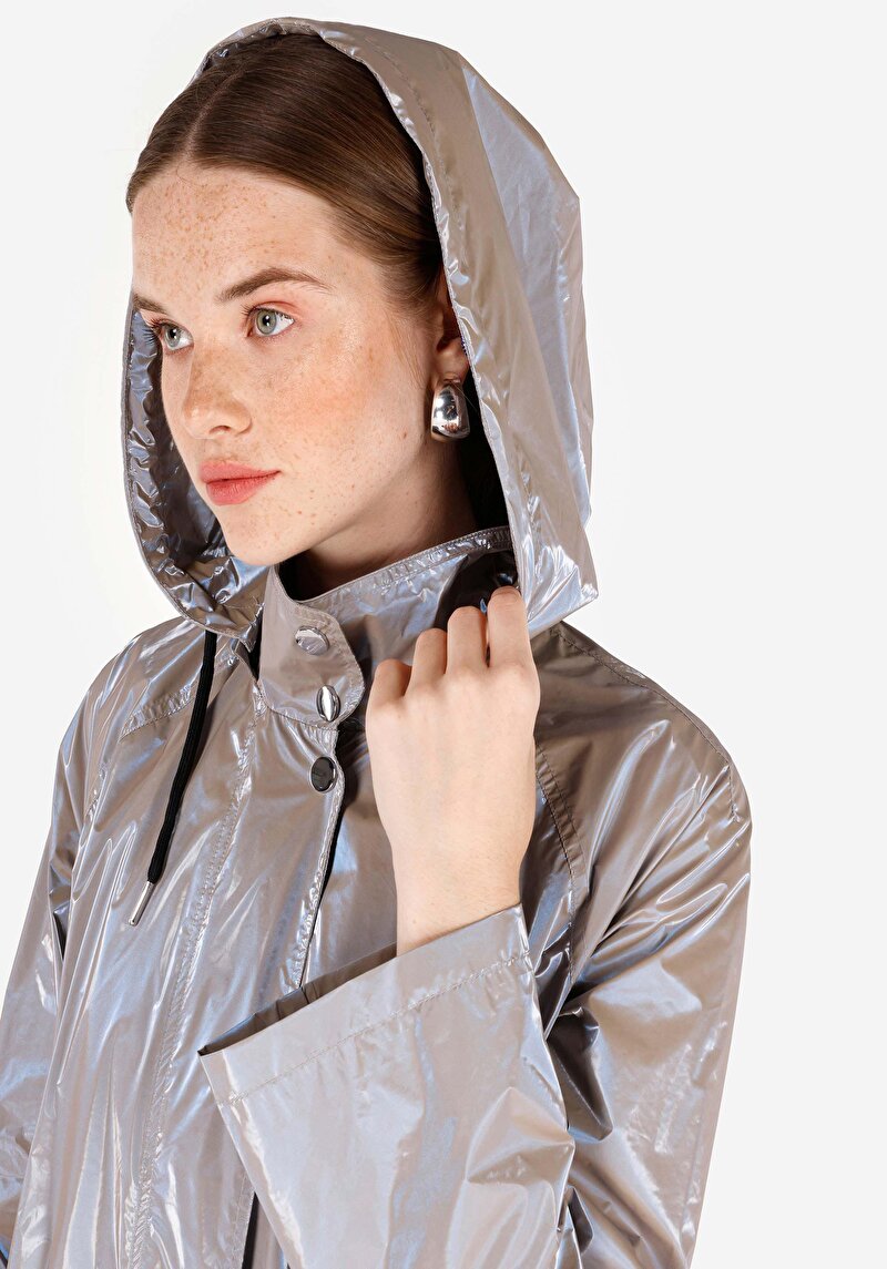 Regular Fit Kapüşonlu    Kadın Gri Mont