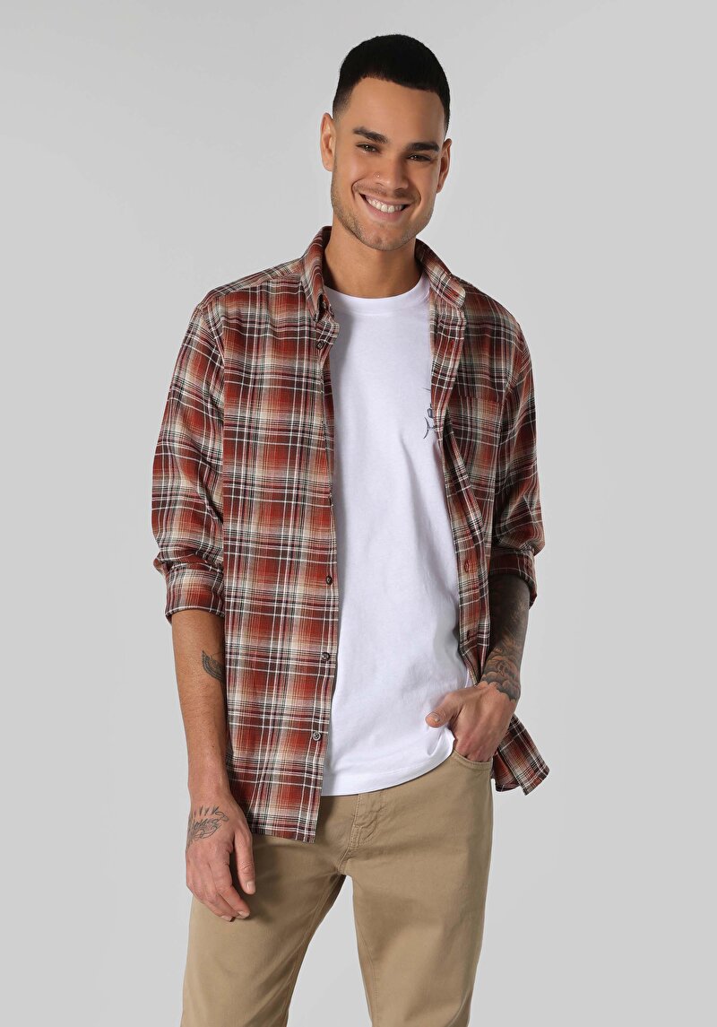 Regular Fit Shirt Neck Ekoseli Erkek Çok Renkli Cepli Uzun Kol Gömlek