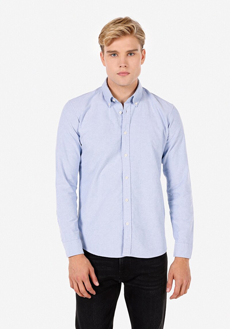Slim Fit Shirt Neck Erkek Mavi Uzun Kol Gömlek