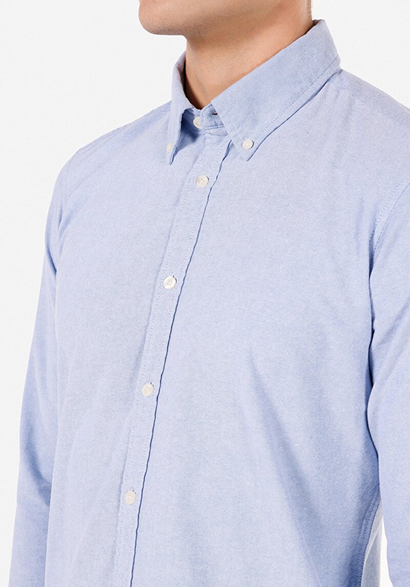 Slim Fit Shirt Neck Erkek Mavi Uzun Kol Gömlek