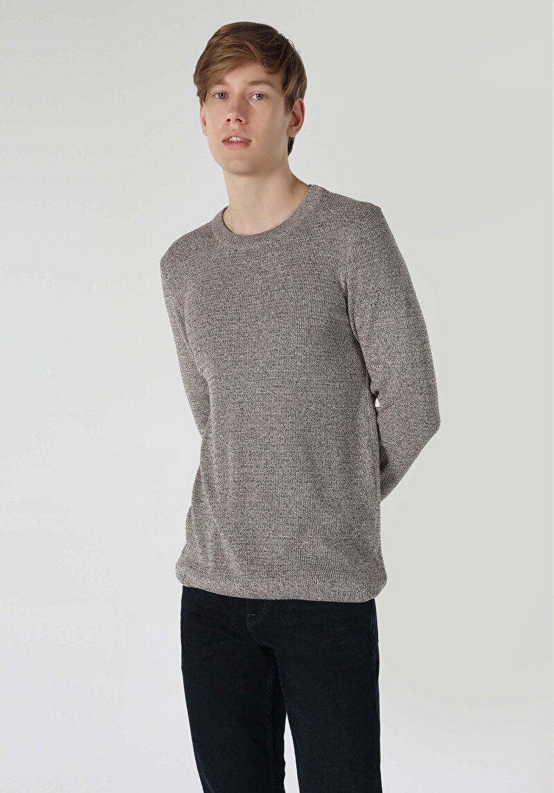 Slim Fit Yuvarlak Yaka Jakarlı Erkek Kahverengi Kazak