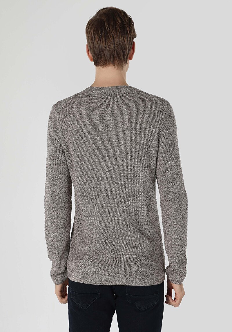 Slim Fit Yuvarlak Yaka Jakarlı Erkek Kahverengi Kazak