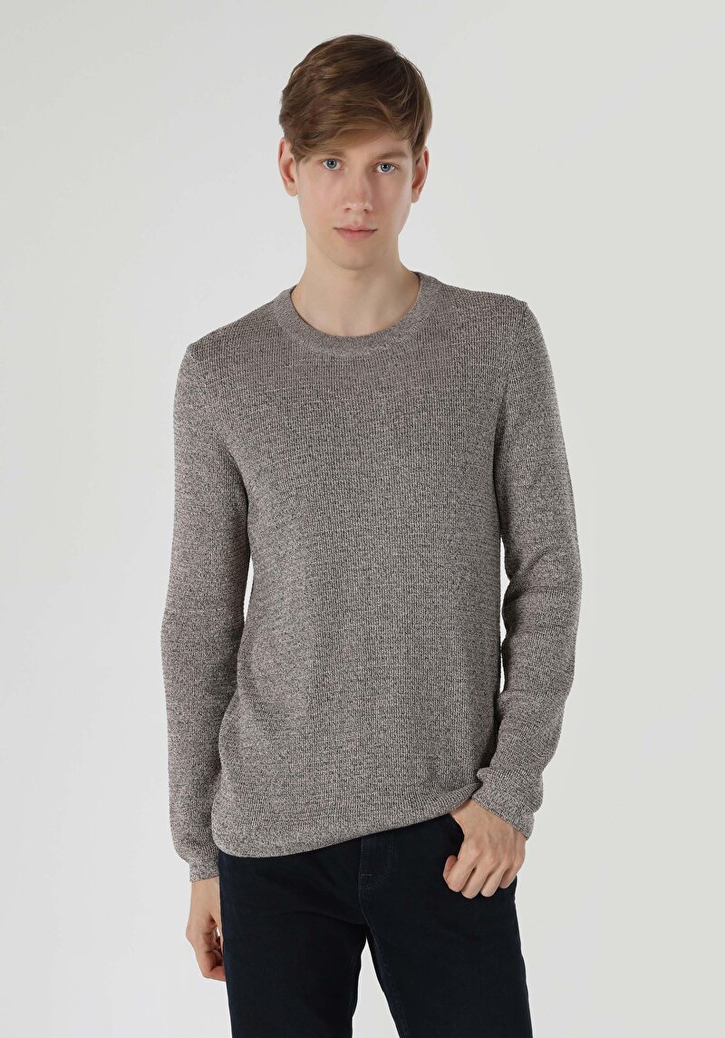 Slim Fit Yuvarlak Yaka Jakarlı Erkek Kahverengi Kazak