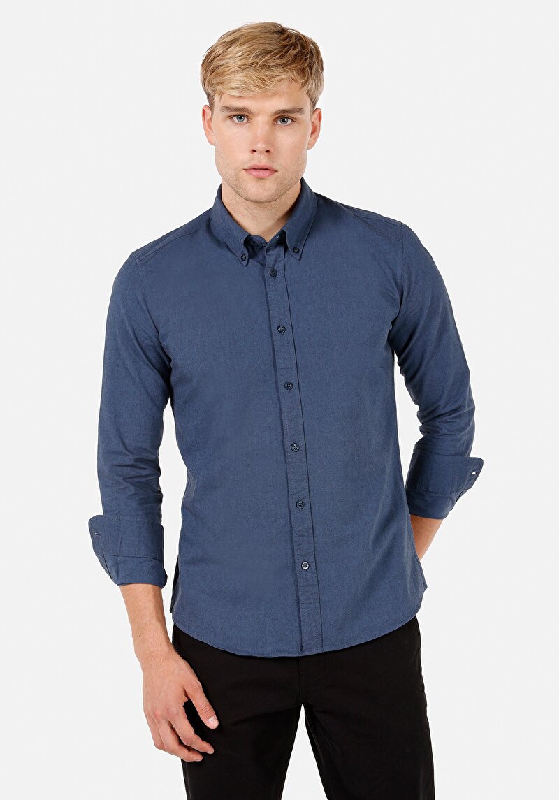 Slim Fit Shirt Neck Erkek Lacivert Uzun Kol Gömlek