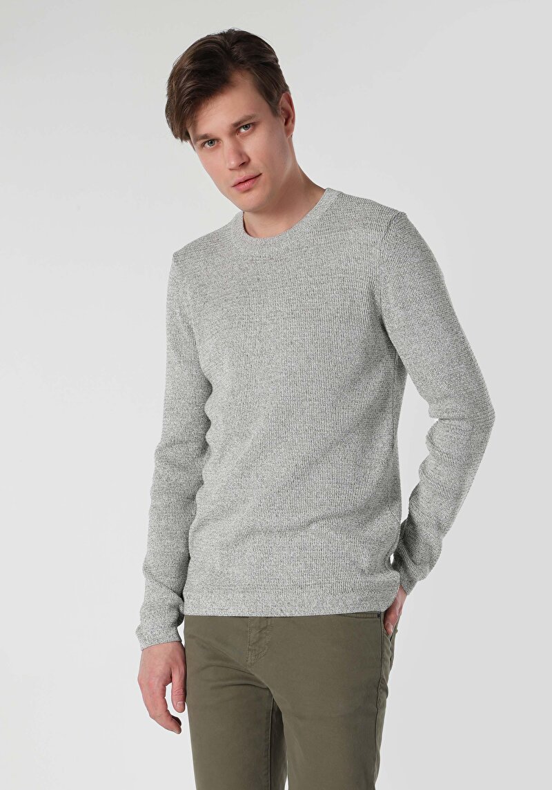 Slim Fit Yuvarlak Yaka Jakarlı Erkek Yeşil Kazak