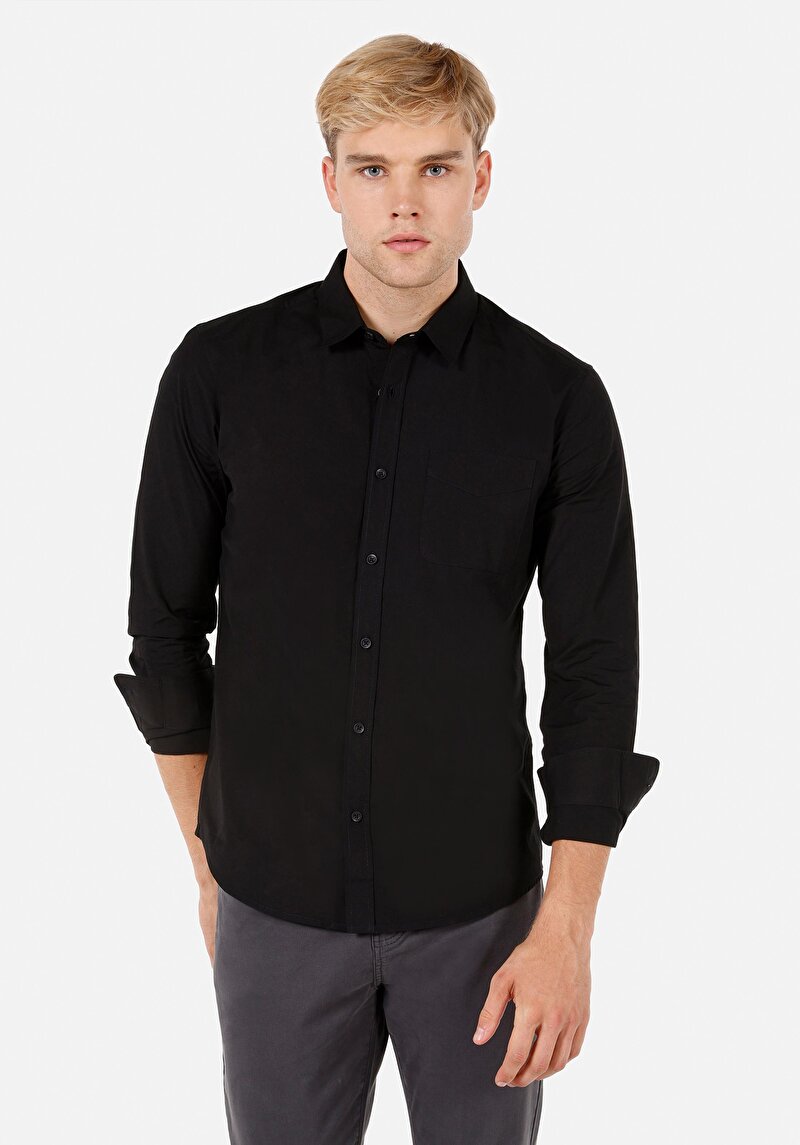 Slim Fit Shirt Neck Düz Erkek Siyah Uzun Kol Gömlek