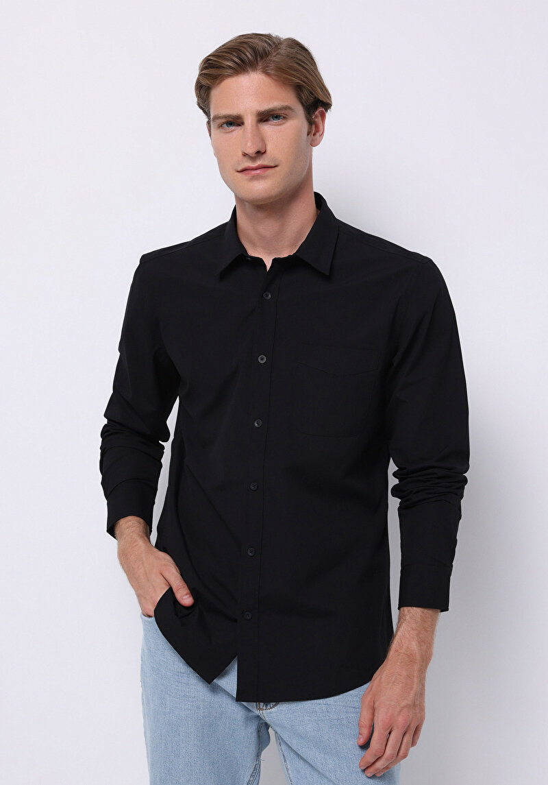 Slim Fit Shirt Neck Düz Erkek Siyah Uzun Kol Gömlek