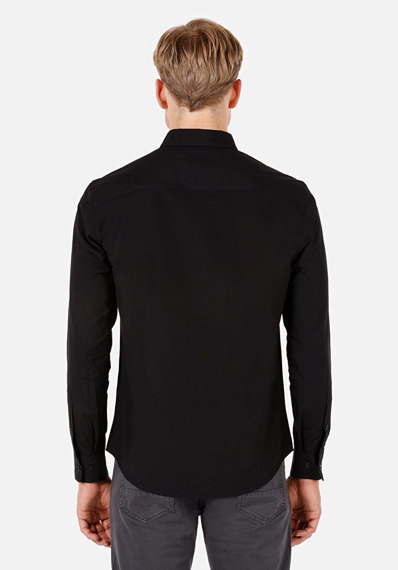 Slim Fit Shirt Neck Düz Erkek Siyah Uzun Kol Gömlek