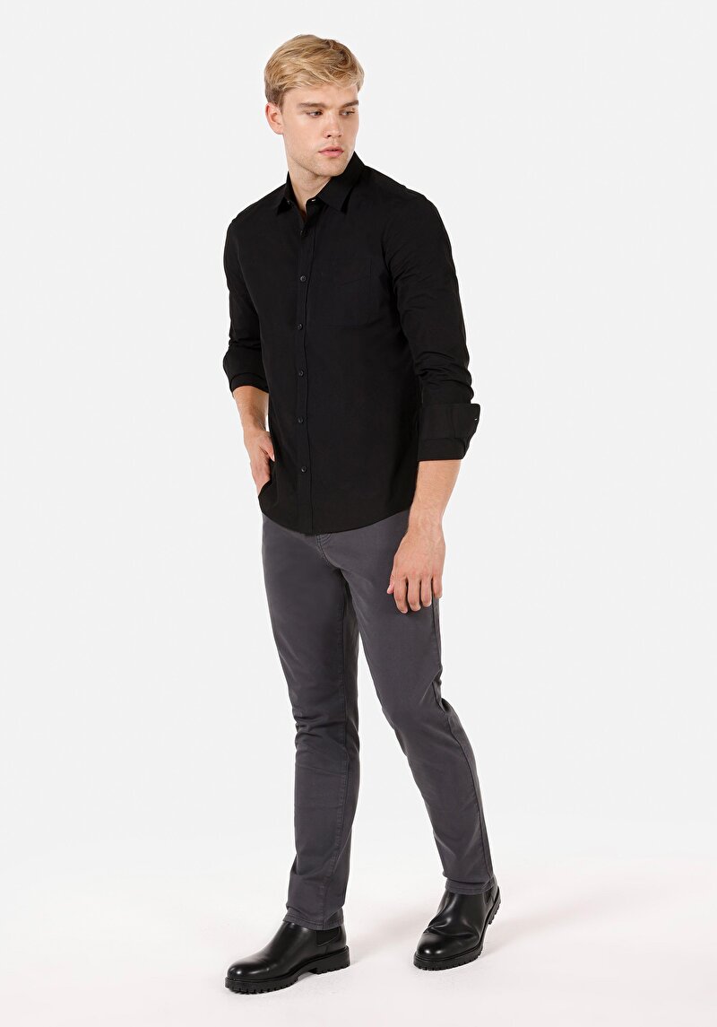 Slim Fit Shirt Neck Düz Erkek Siyah Uzun Kol Gömlek