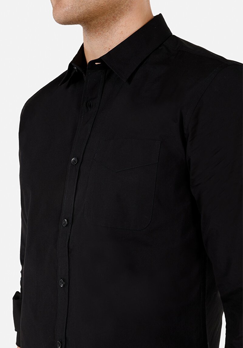 Slim Fit Shirt Neck Düz Erkek Siyah Uzun Kol Gömlek