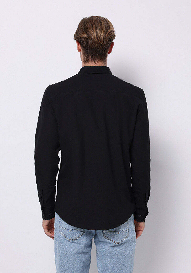 Slim Fit Shirt Neck Düz Erkek Siyah Uzun Kol Gömlek