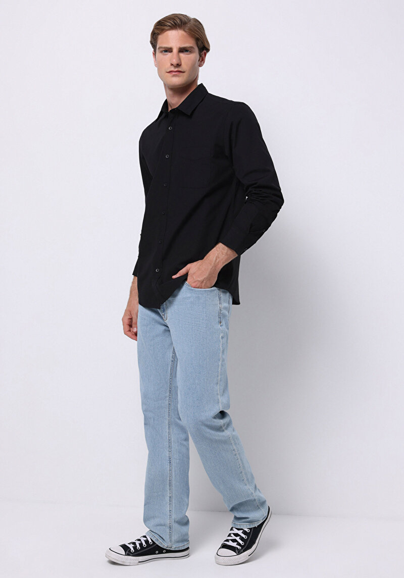 Slim Fit Shirt Neck Düz Erkek Siyah Uzun Kol Gömlek