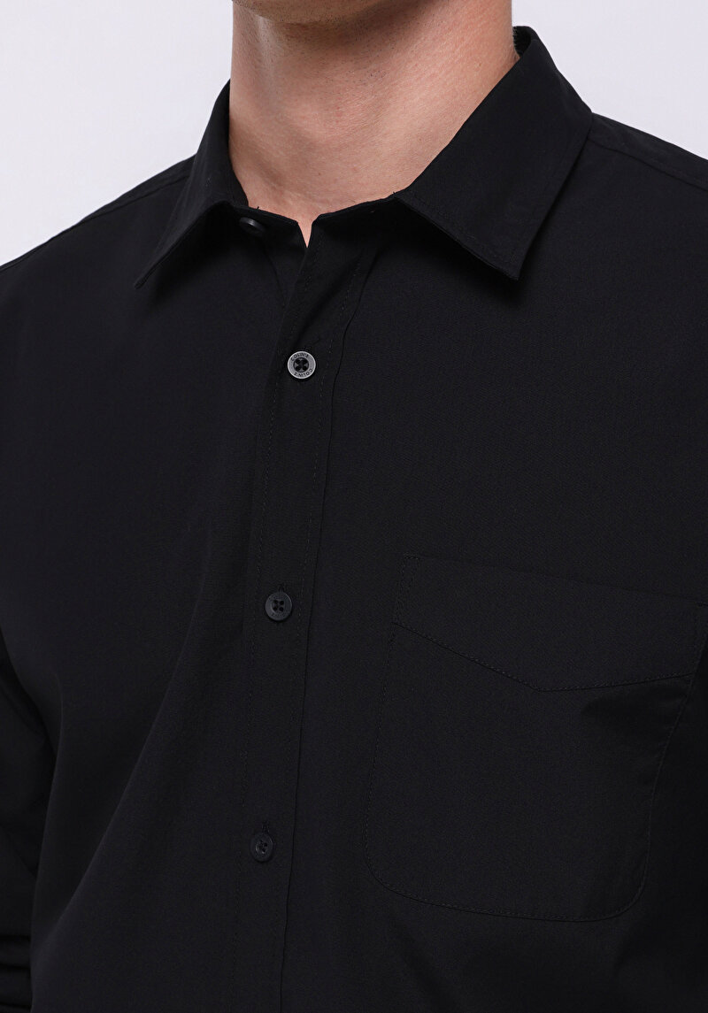Slim Fit Shirt Neck Düz Erkek Siyah Uzun Kol Gömlek