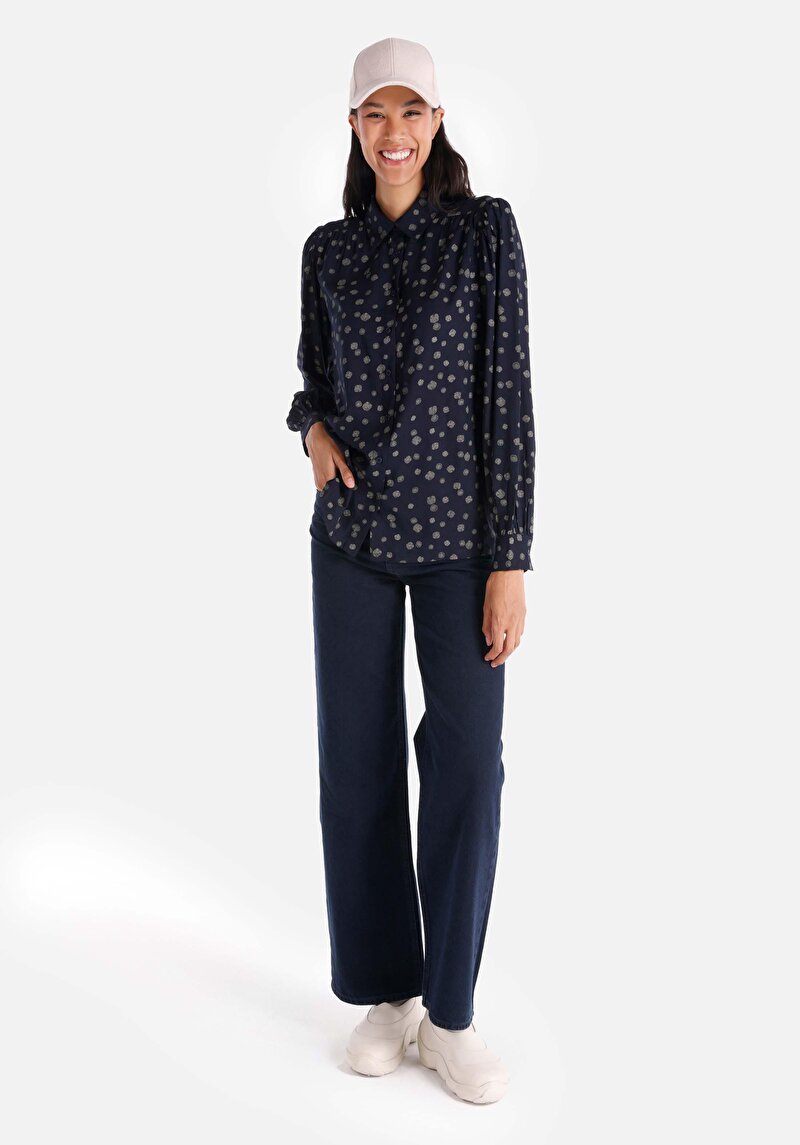 Slim Fit Shirt Neck Baskılı Kadın Lacivert Uzun Kol Gömlek