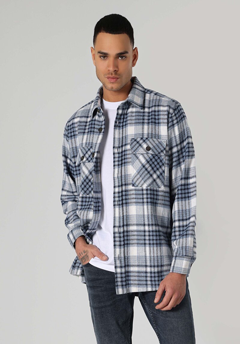 Comfort Fit Shirt Neck Ekoseli Erkek Mavi Uzun Kol Gömlek