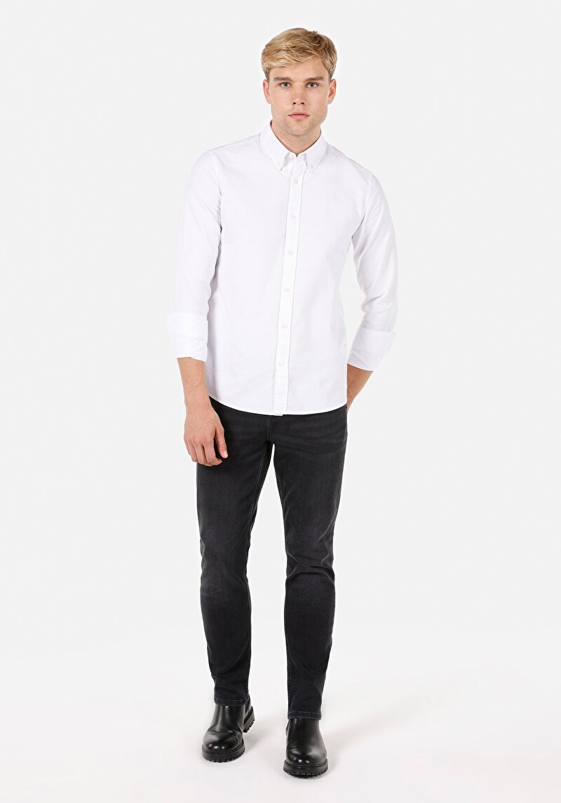 Slim Fit Shirt Neck Erkek Beyaz Uzun Kol Gömlek