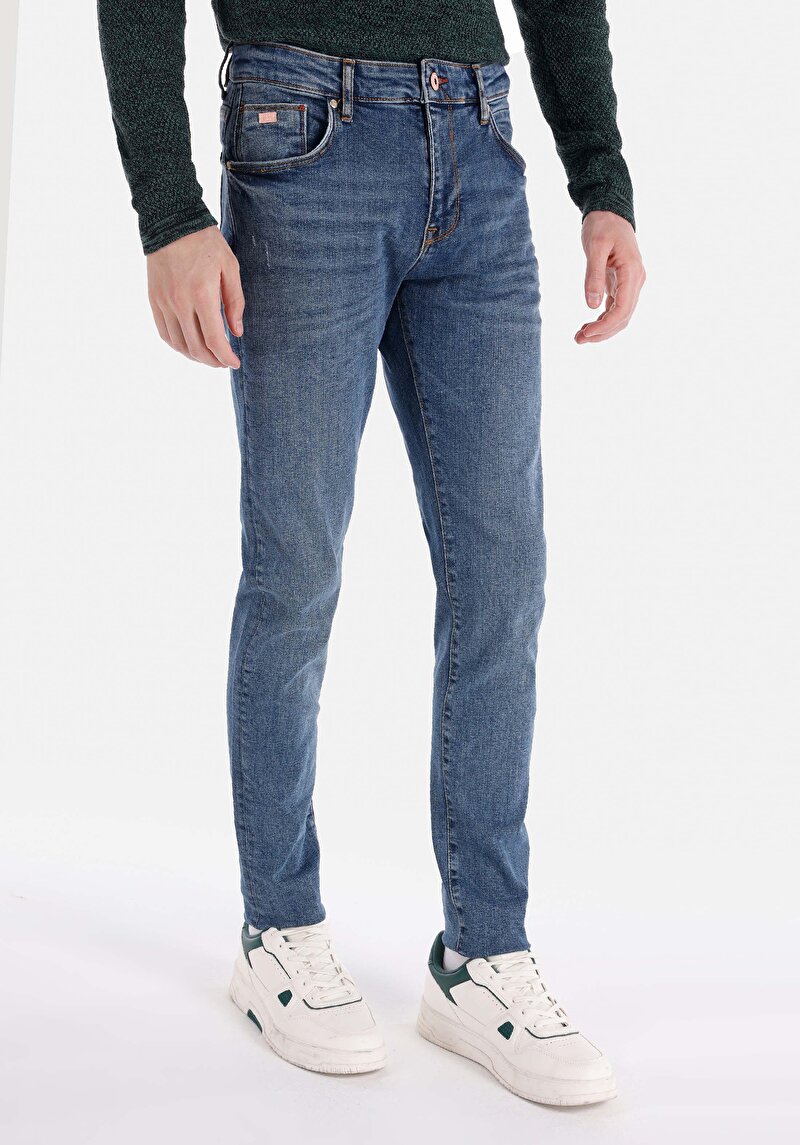 Slim Fit Düşük Bel Dar Paça Erkek Koyu İndigo Jean Pantolon