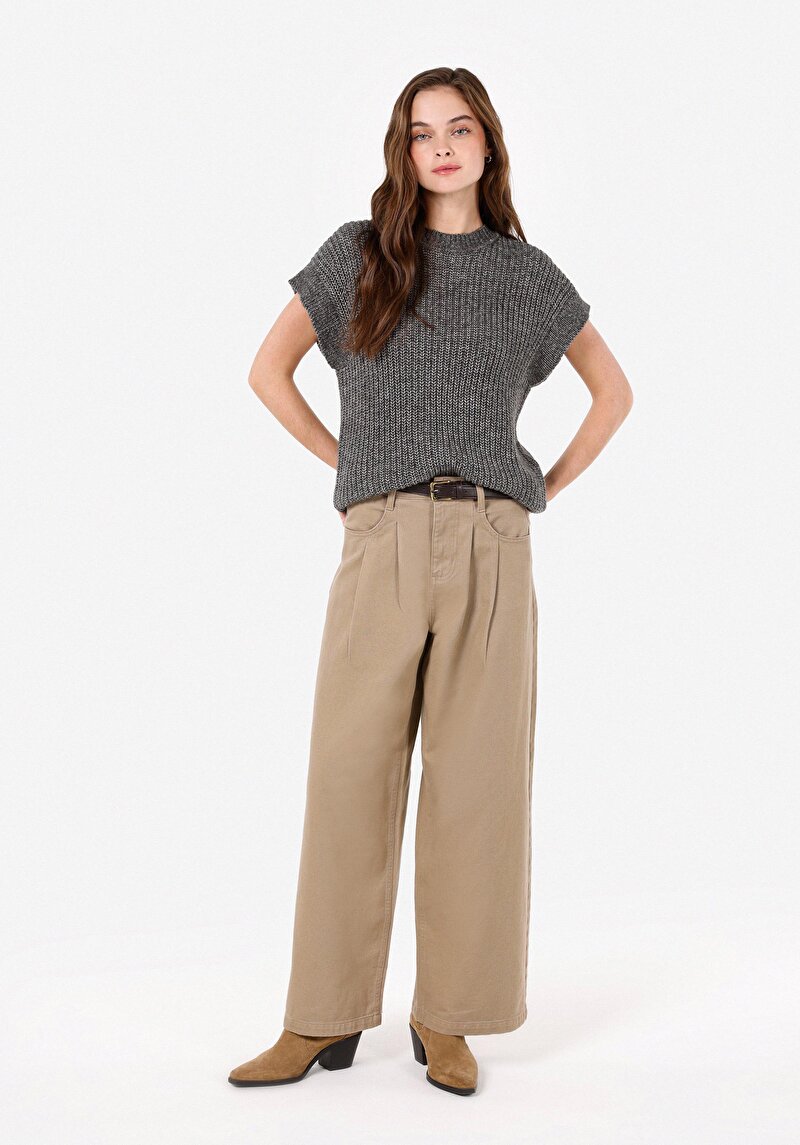 Regular Fit Pamuk Karışımlı Yuvarlak Yaka Kadın Gri Triko Kazak