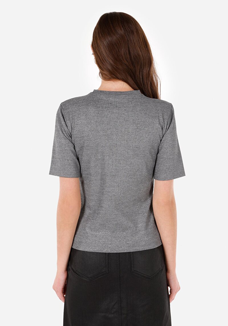 Slim Fit Yuvarlak Yaka Örme Düz Kadın Gri Kısa Kol Tişört