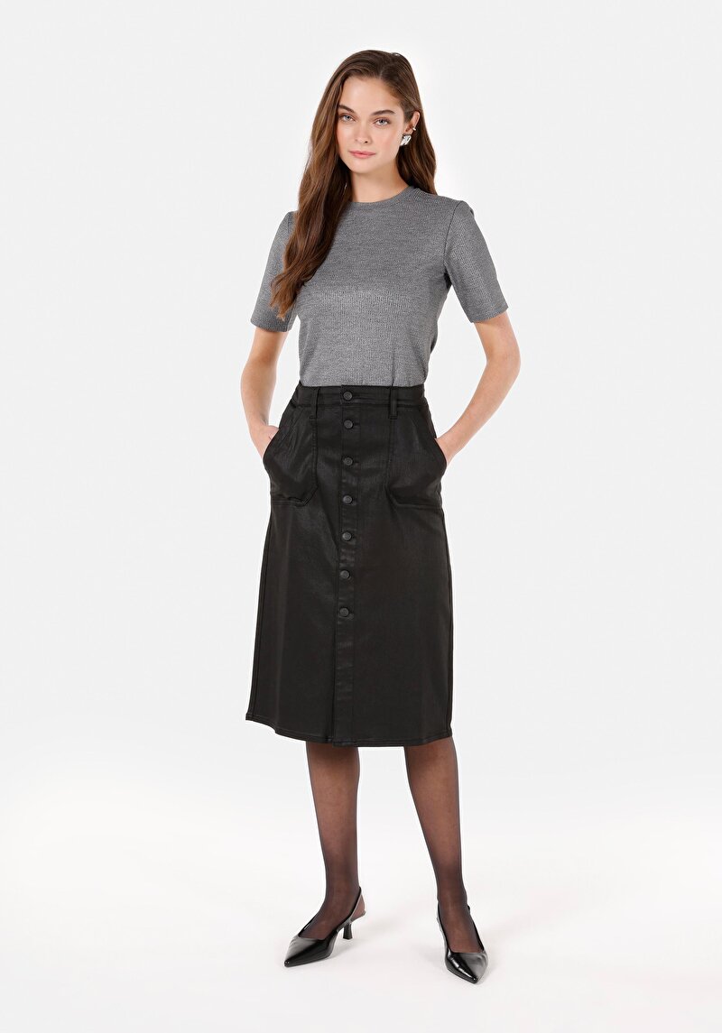 Slim Fit Yuvarlak Yaka Örme Düz Kadın Gri Kısa Kol Tişört