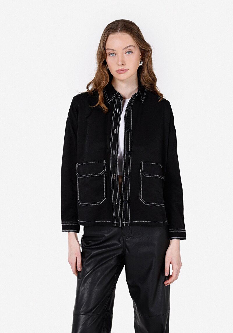 Relaxed Fit Shirt Neck Düz Kadın Siyah Uzun Kol Gömlek