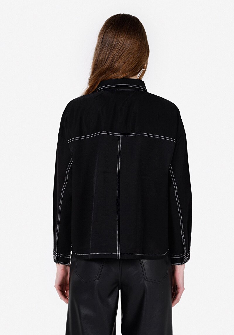 Relaxed Fit Shirt Neck Düz Kadın Siyah Uzun Kol Gömlek