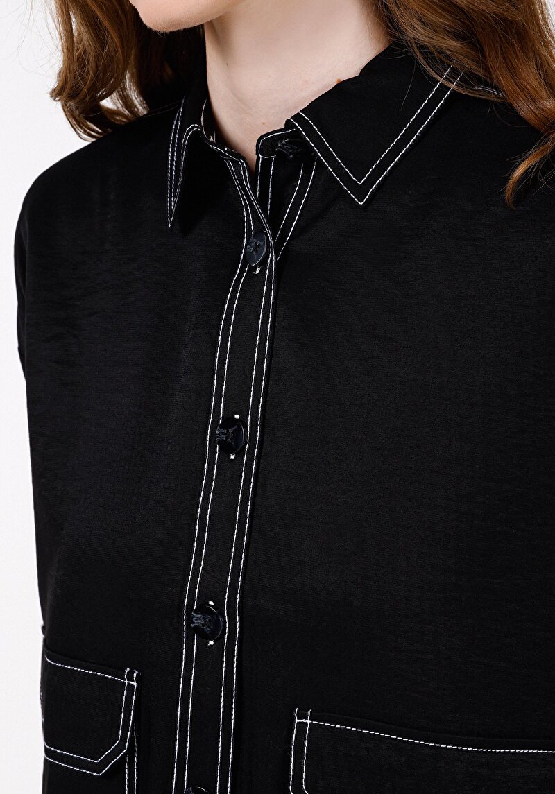 Relaxed Fit Shirt Neck Düz Kadın Siyah Uzun Kol Gömlek