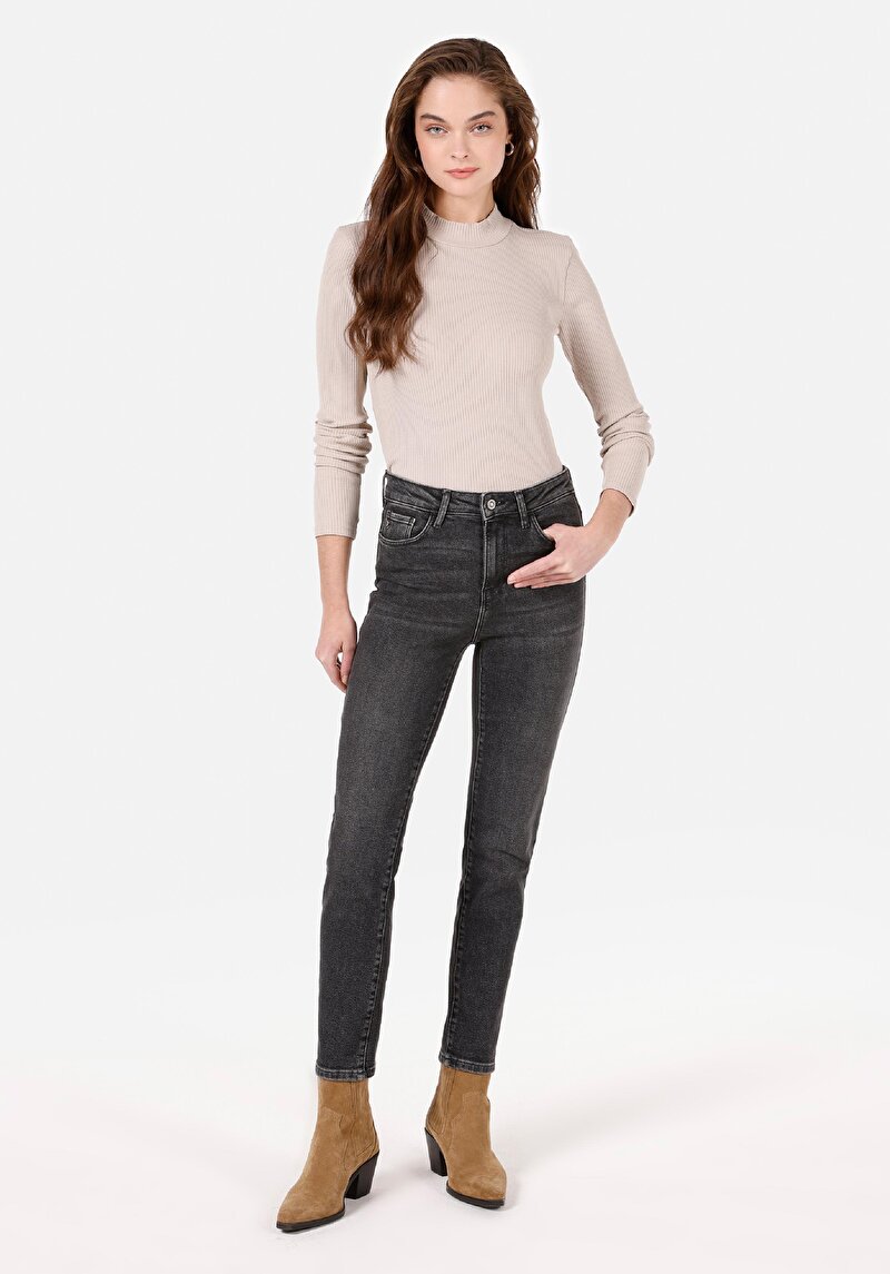 Slim Fit Orta Bel Dar Paça Kadın İndigo Jean Pantolon