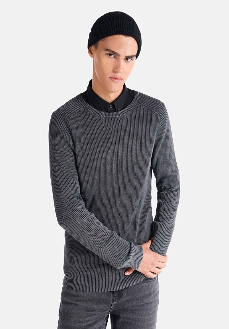 Slim Fit Yuvarlak Yaka Jakarlı Erkek Antrasit Kazak