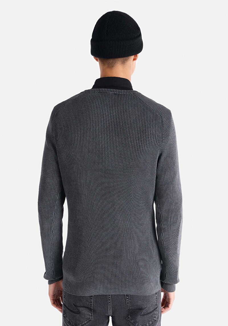 Slim Fit Yuvarlak Yaka Jakarlı Erkek Antrasit Kazak