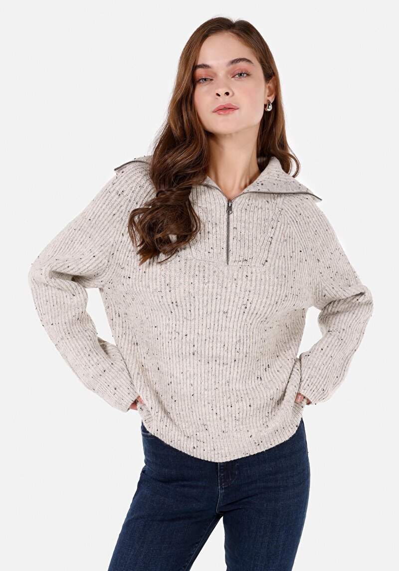 Regular Fit Fermuarlı Kadın Taş Kazak