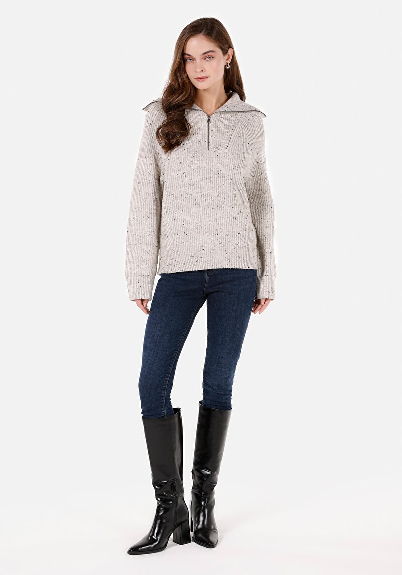 Regular Fit Fermuarlı Kadın Taş Kazak