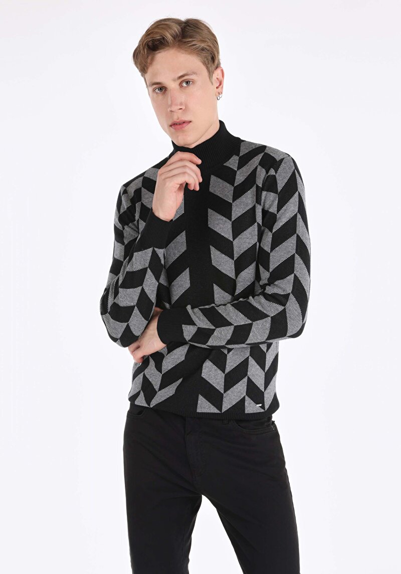 Slim Fit Turtle Neck Baskılı Erkek Siyah Kazak