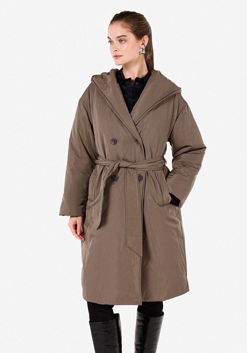 Regular Fit Kapüşonlu Kadın Yeşil Kaban