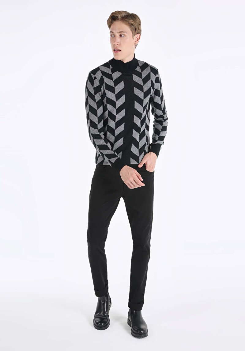 Slim Fit Turtle Neck Baskılı Erkek Siyah Kazak