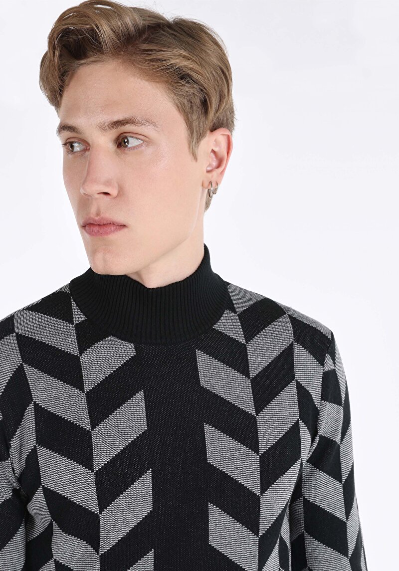 Slim Fit Turtle Neck Baskılı Erkek Siyah Kazak