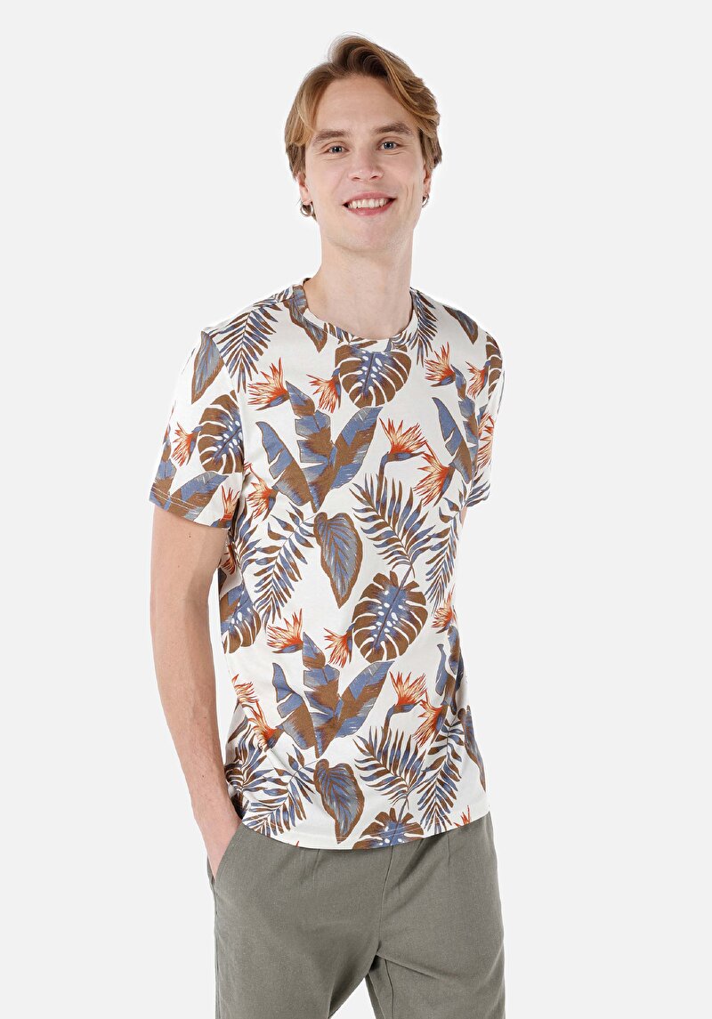 Regular Fit Örme Yuvarlak Yaka Baskılı Erkek Bej Kısa Kol Tişört