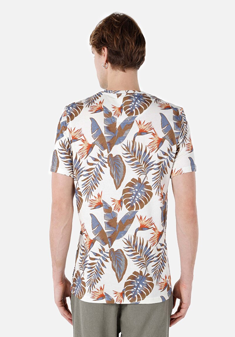 Regular Fit Örme Yuvarlak Yaka Baskılı Erkek Bej Kısa Kol Tişört